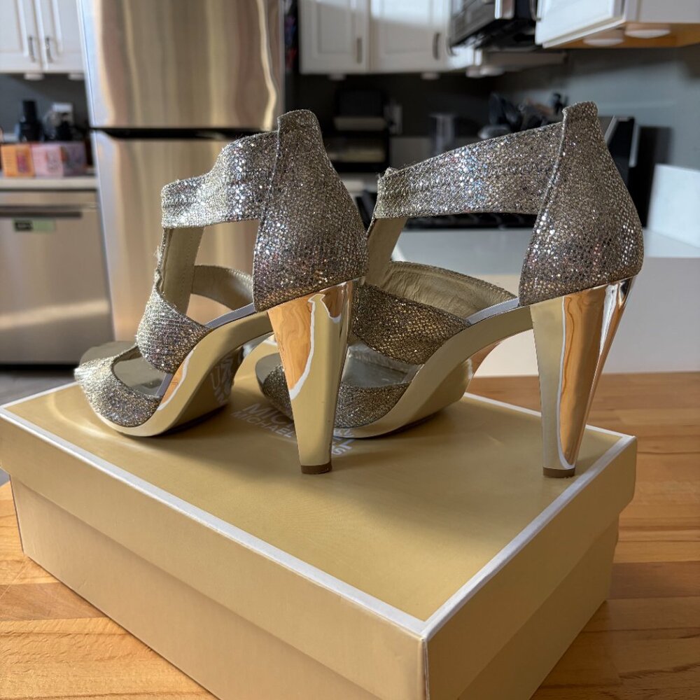 MICHAEL KORS Berkley T-Strap Silver Glitter Leather Heels